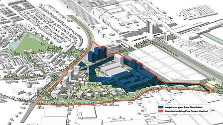 Een tekening van de aangekochte grond en gebiedsontwikkeling.