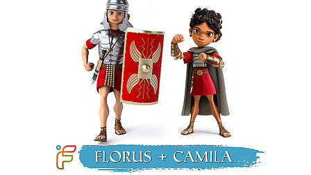 Twee fictieve Romeinse figuren Florus en Camila. 